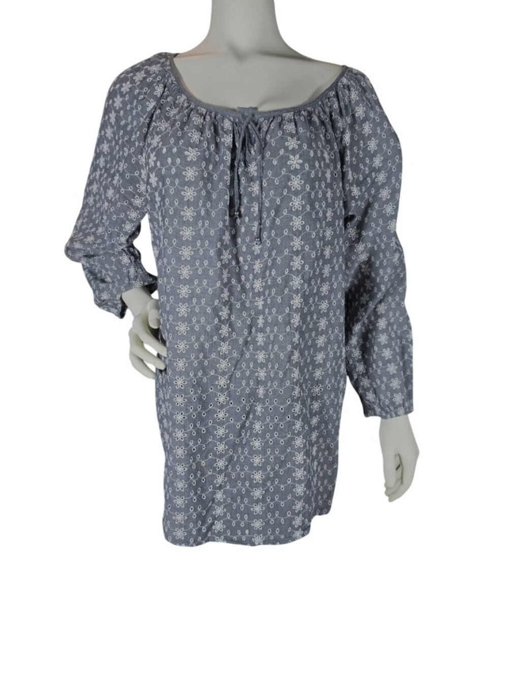 CHAPS Boho Gray White Eyelet Floral Peasant Tunic Blouse Mini Dress L Cottage